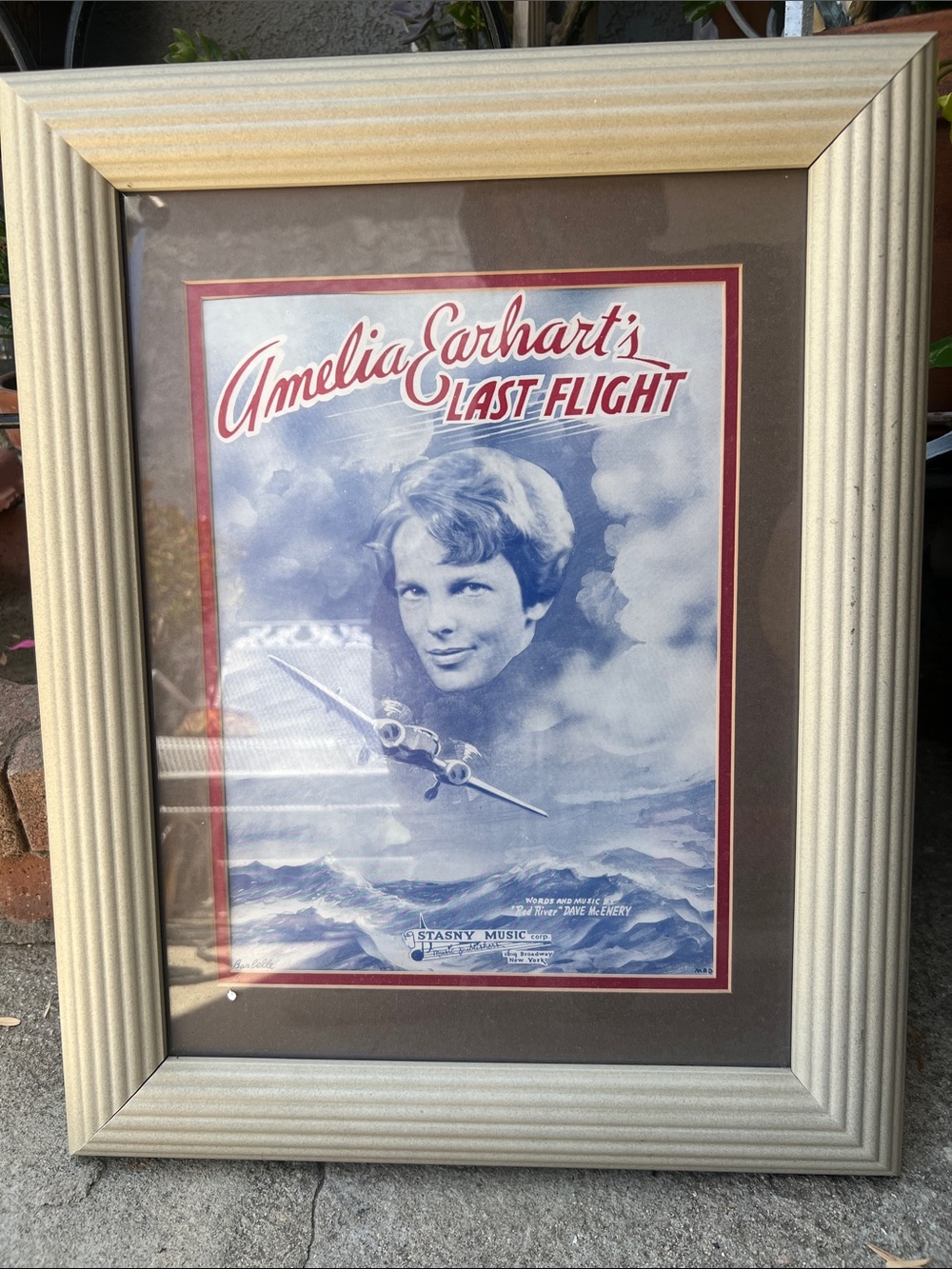 Amelia Earhart's Last Flight Framed Art Print - Red & Blue
